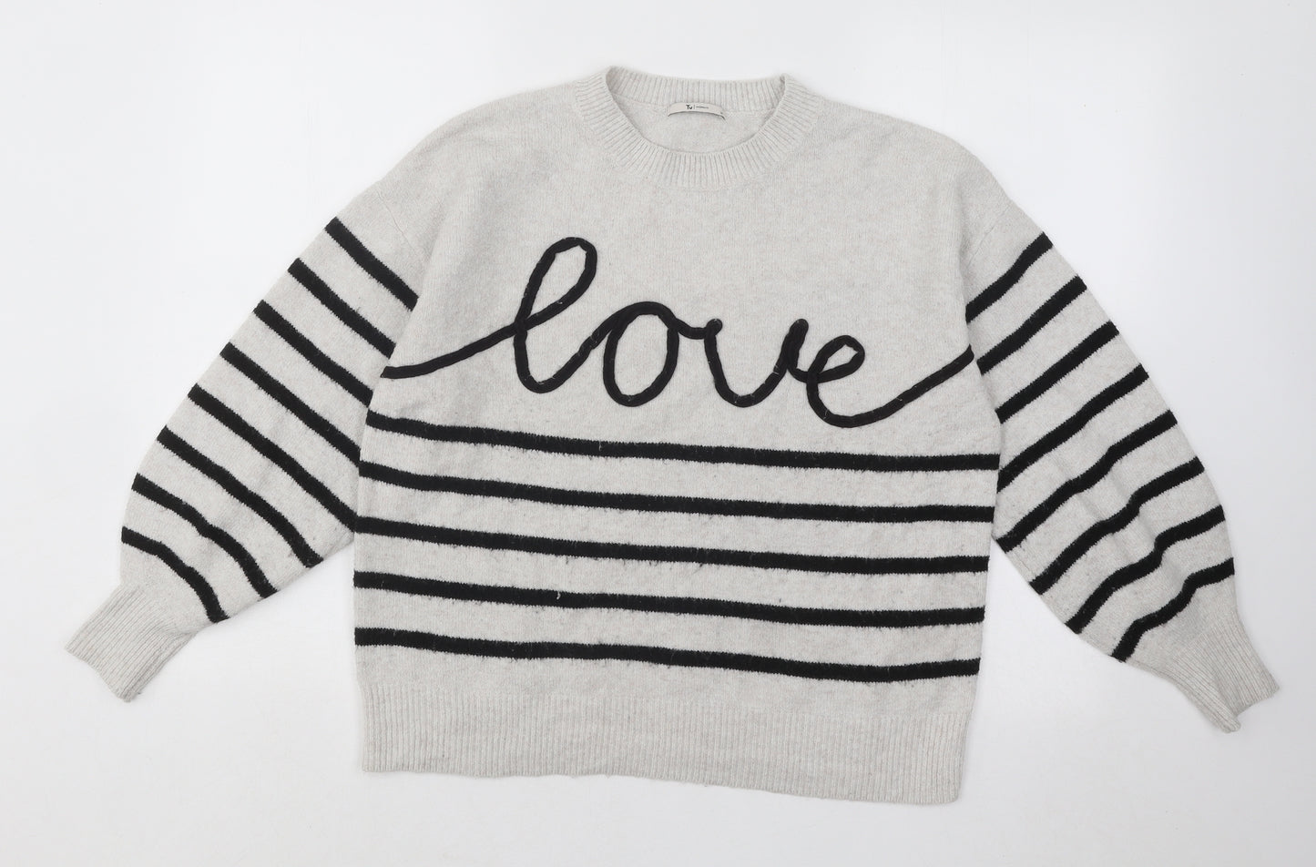 TU Womens Grey Round Neck Striped Acrylic Pullover Jumper Size 12 - Love
