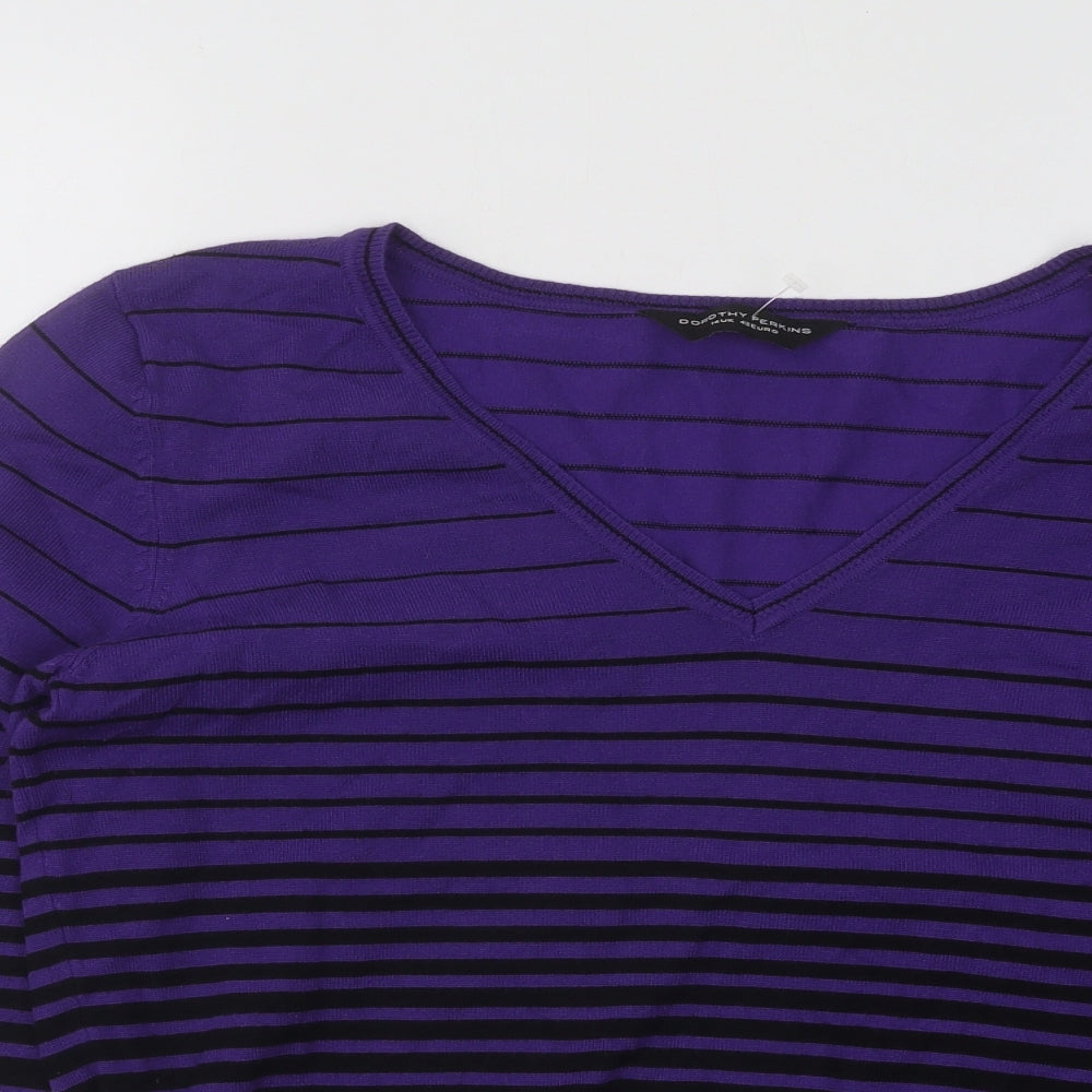 Dorothy Perkins Womens Purple V-Neck Striped Viscose Pullover Jumper Size 14