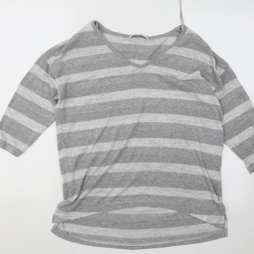 TU Womens Grey V-Neck Striped Polyester Pullover Jumper Size 10