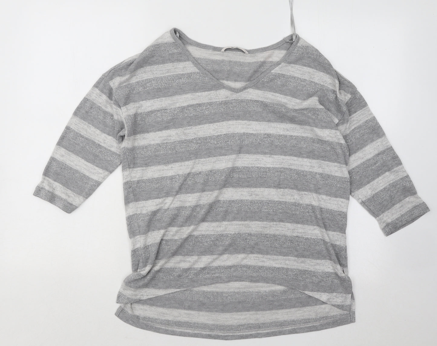 TU Womens Grey V-Neck Striped Polyester Pullover Jumper Size 10