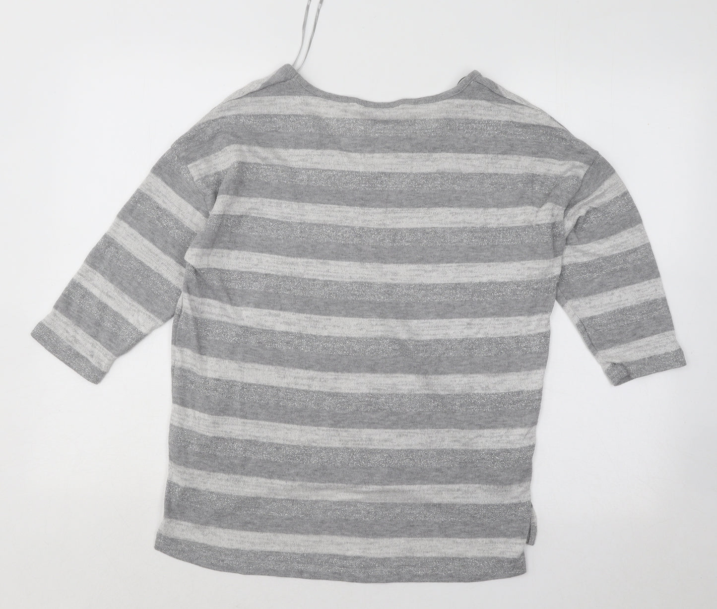 TU Womens Grey V-Neck Striped Polyester Pullover Jumper Size 10