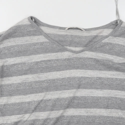 TU Womens Grey V-Neck Striped Polyester Pullover Jumper Size 10