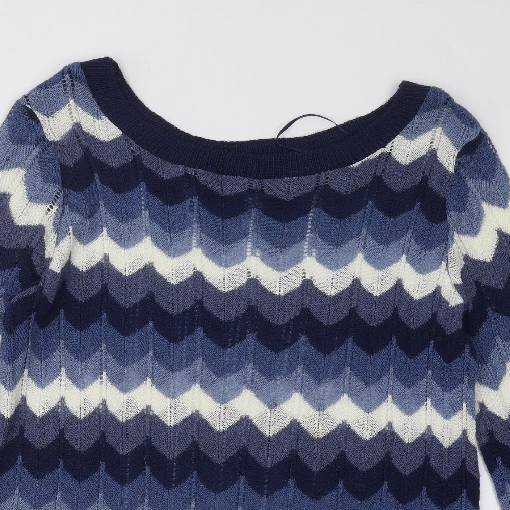F&F Womens Blue Boat Neck Striped Acrylic Pullover Jumper Size 16