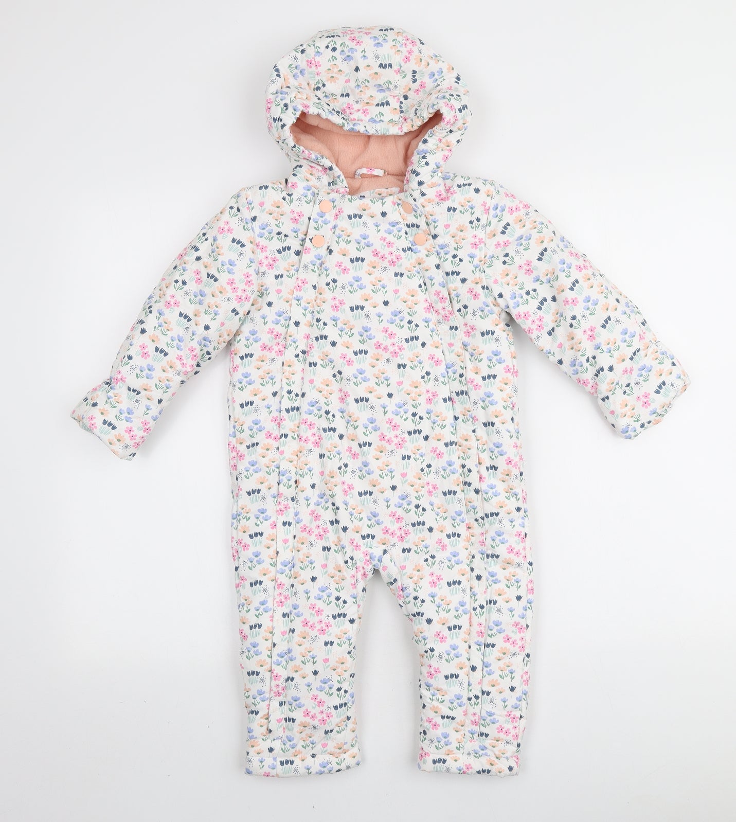 Marks and Spencer Girls White Floral Basic Coat Snowsuit Size 18-24 Months Zip
