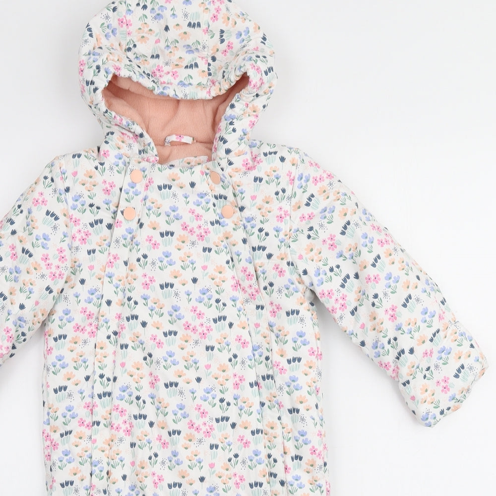 Marks and Spencer Girls White Floral Basic Coat Snowsuit Size 18-24 Months Zip