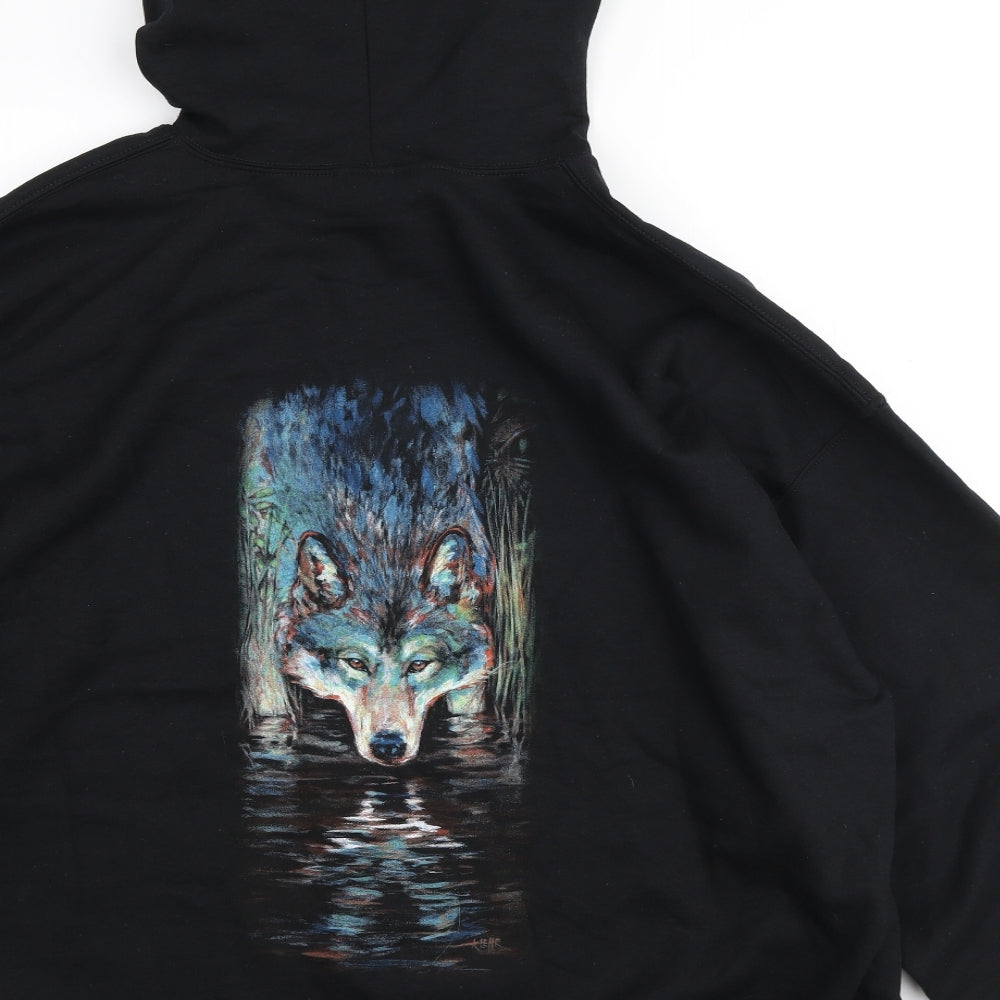 Gildan Mens Black Polyester Full Zip Hoodie Size 2XL - Wolf Graphic