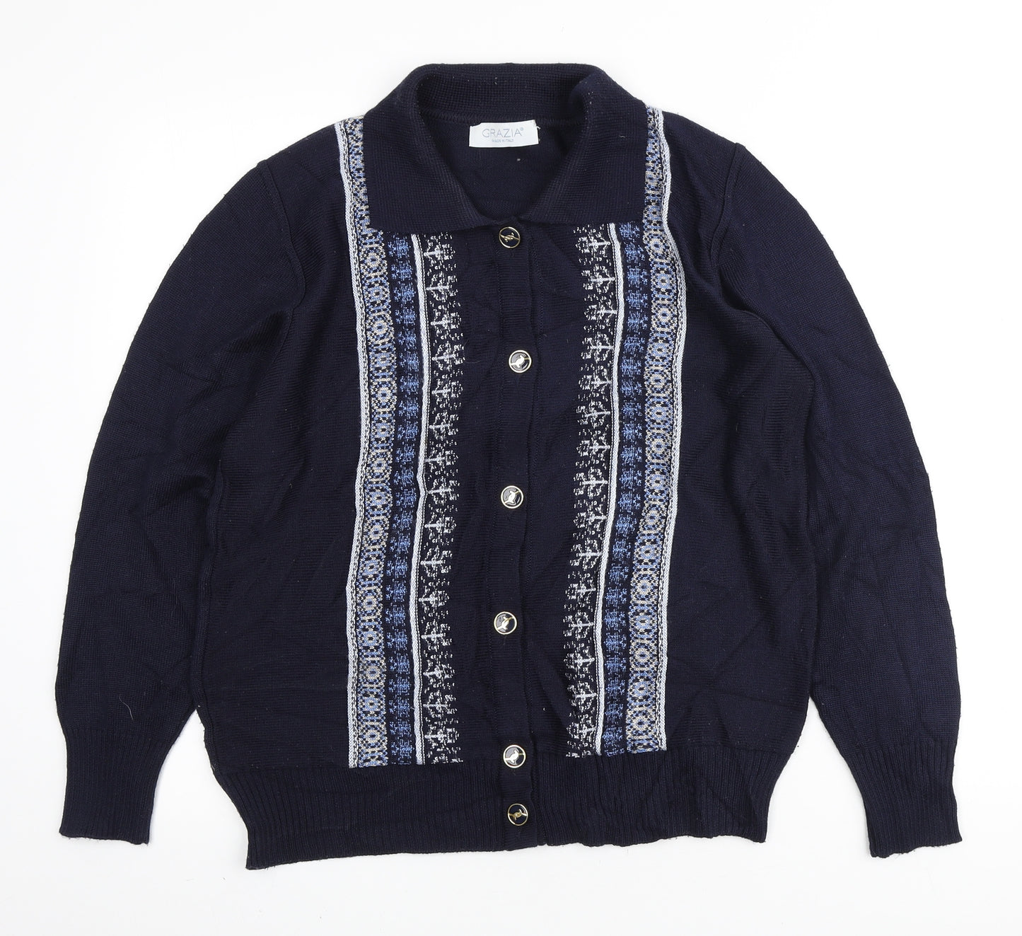 GRAZIA Womens Blue Collared Geometric Acrylic Cardigan Jumper Size 12