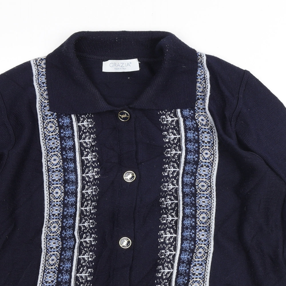 GRAZIA Womens Blue Collared Geometric Acrylic Cardigan Jumper Size 12
