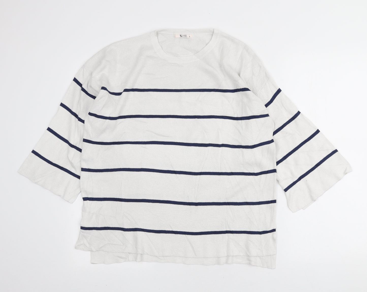 TU Womens White Round Neck Striped Viscose Pullover Jumper Size 14