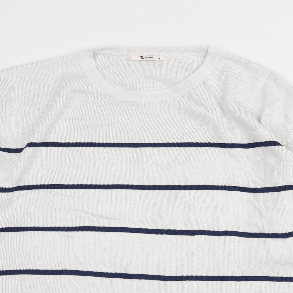 TU Womens White Round Neck Striped Viscose Pullover Jumper Size 14