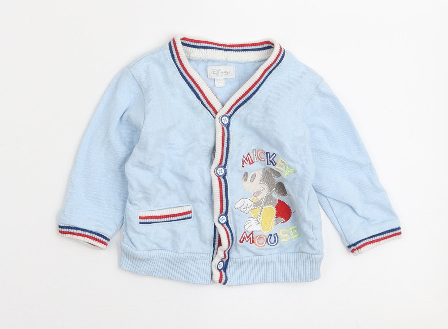 Disney Boys Blue Cotton Cardigan Jumper Size 0-3 Months Button - Mickey Mouse