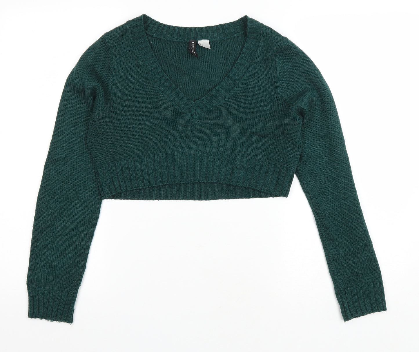 Divided Womens Green V-Neck Acrylic Pullover Jumper Size S