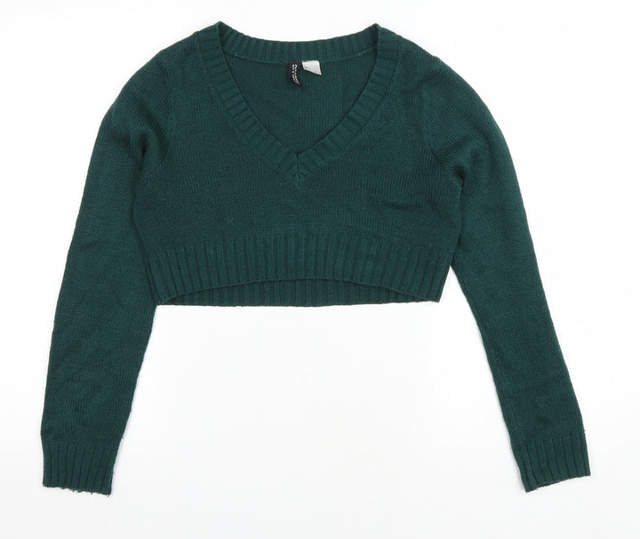 Divided Womens Green V-Neck Acrylic Pullover Jumper Size S