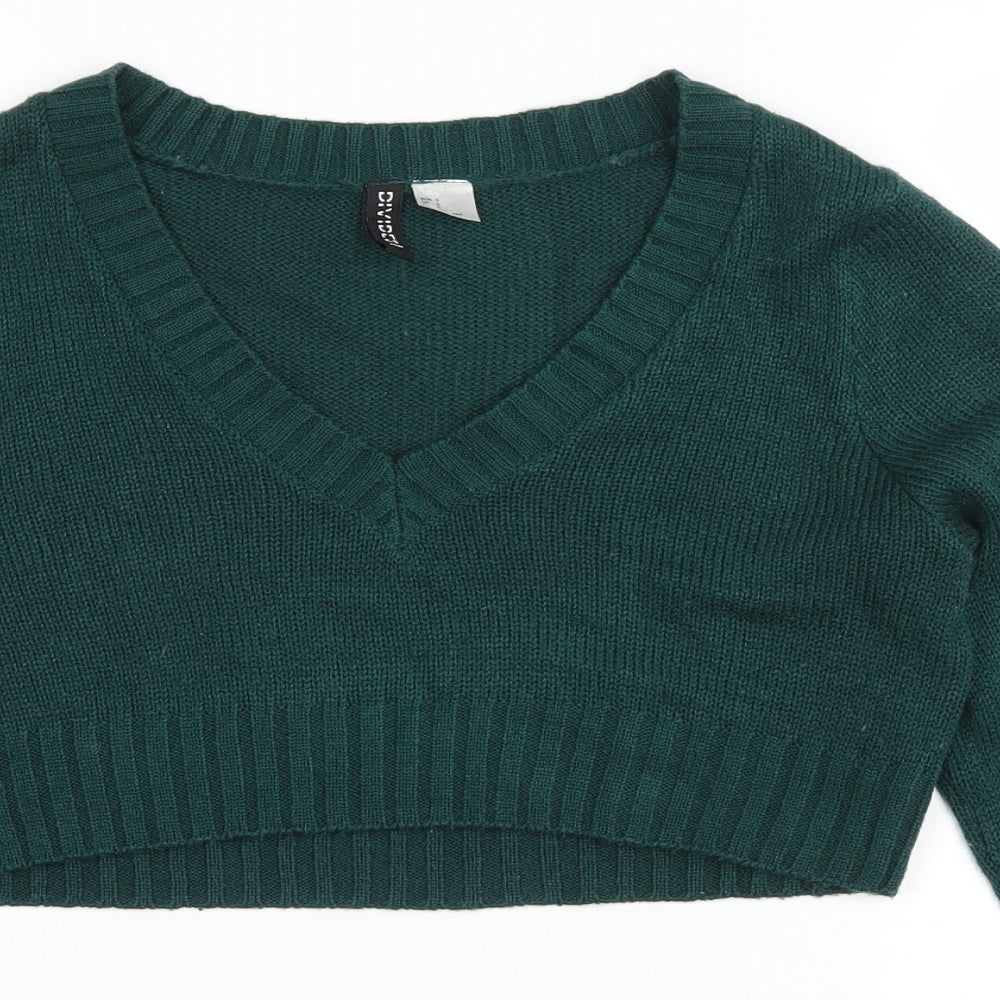 Divided Womens Green V-Neck Acrylic Pullover Jumper Size S