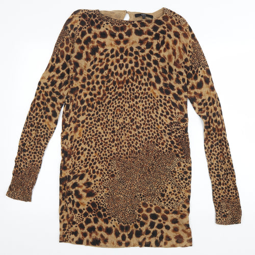 NEXT Womens Brown Animal Print Cotton Bodycon Size 10 Boat Neck Button - Cheater Print