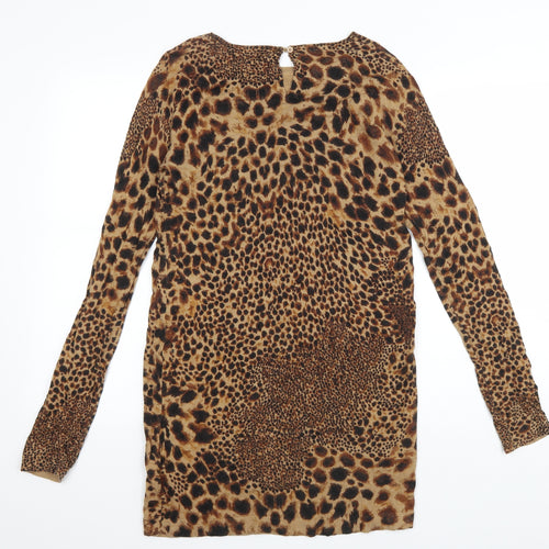 NEXT Womens Brown Animal Print Cotton Bodycon Size 10 Boat Neck Button - Cheater Print