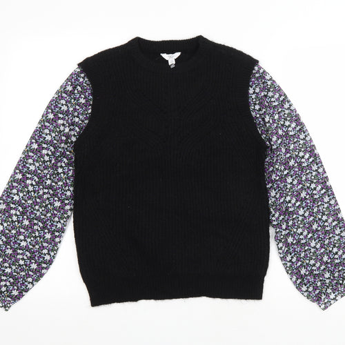 M&Co Womens Black Round Neck Floral Polyester Pullover Jumper Size 8