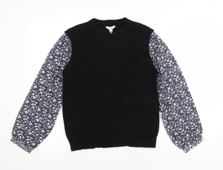 M&Co Womens Black Round Neck Floral Polyester Pullover Jumper Size 8