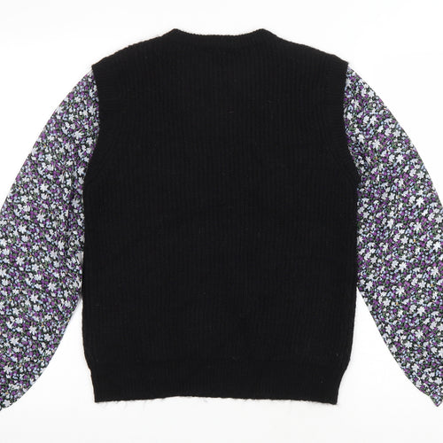 M&Co Womens Black Round Neck Floral Polyester Pullover Jumper Size 8