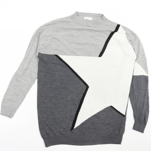 Matalan Womens Grey Round Neck Geometric Acrylic Pullover Jumper Size S - Star Print