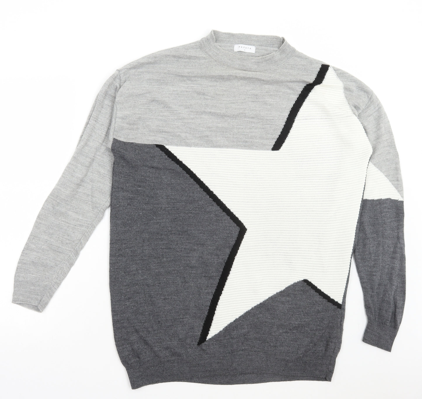 Matalan Womens Grey Round Neck Geometric Acrylic Pullover Jumper Size S - Star Print