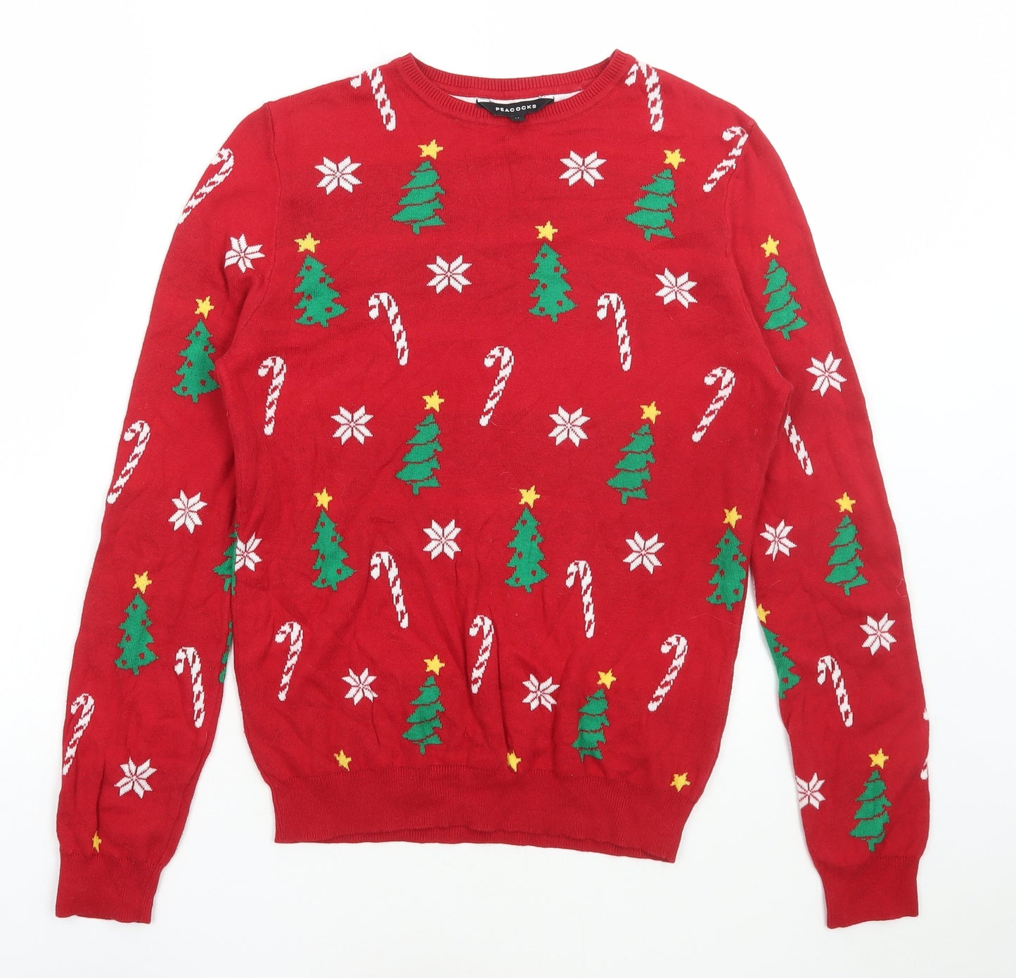 Peacocks Womens Red Round Neck Geometric Cotton Pullover Jumper Size 14 - Christmas