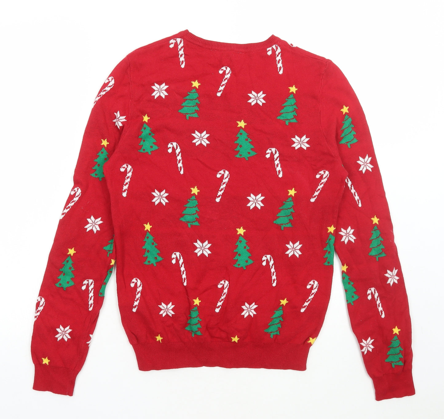 Peacocks Womens Red Round Neck Geometric Cotton Pullover Jumper Size 14 - Christmas