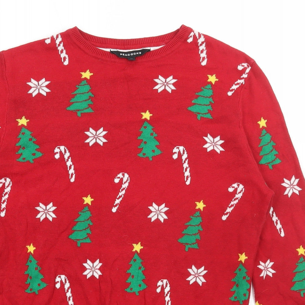 Peacocks Womens Red Round Neck Geometric Cotton Pullover Jumper Size 14 - Christmas