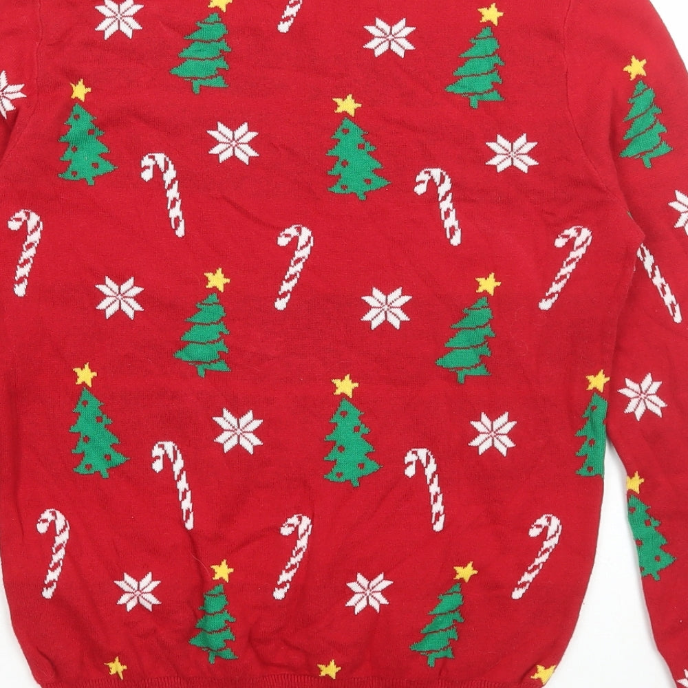 Peacocks Womens Red Round Neck Geometric Cotton Pullover Jumper Size 14 - Christmas