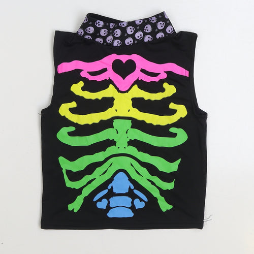 Spooktacular Girls Multicoloured Polyester Basic T-Shirt Size 9-10 Years Mock Neck Hook & Loop - Skeleton Fancy Dress