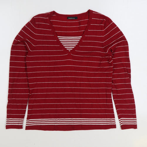 Blanca Womens Red Scoop Neck Striped Viscose Pullover Jumper Size 12