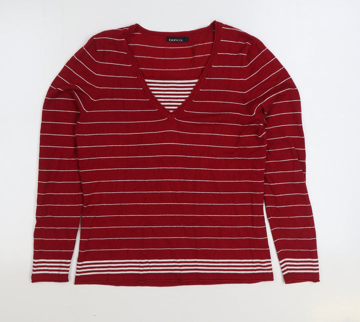 Blanca Womens Red Scoop Neck Striped Viscose Pullover Jumper Size 12