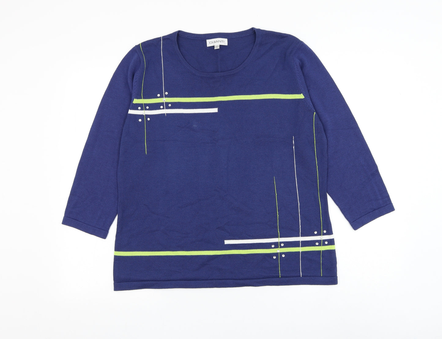 Chianti Womens Blue Round Neck Geometric Acrylic Pullover Jumper Size L