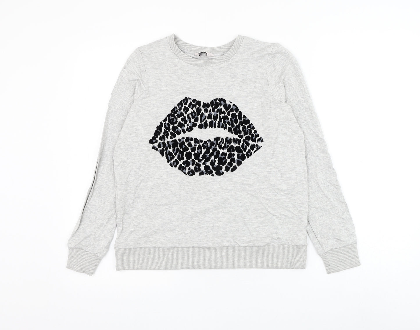 TU Womens Grey Cotton Pullover Sweatshirt Size 8 Pullover - Leopard Print Lips