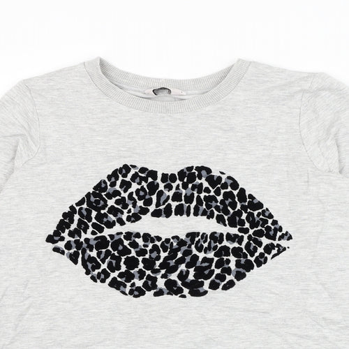 TU Womens Grey Cotton Pullover Sweatshirt Size 8 Pullover - Leopard Print Lips