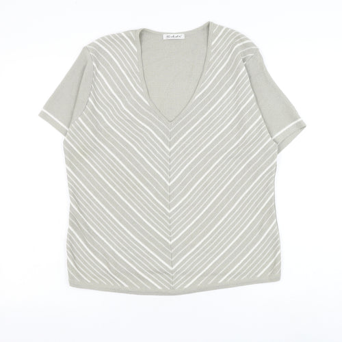 Berkertex Womens Grey V-Neck Striped Acrylic Pullover Jumper Size 14