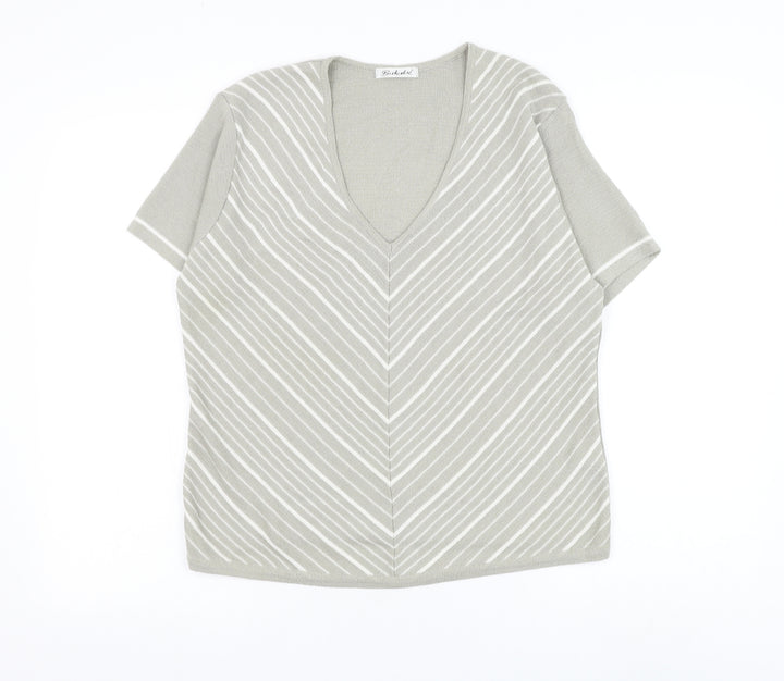 Berkertex Womens Grey V-Neck Striped Acrylic Pullover Jumper Size 14