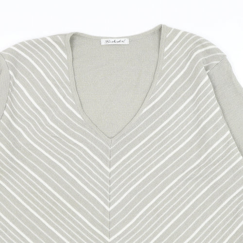 Berkertex Womens Grey V-Neck Striped Acrylic Pullover Jumper Size 14