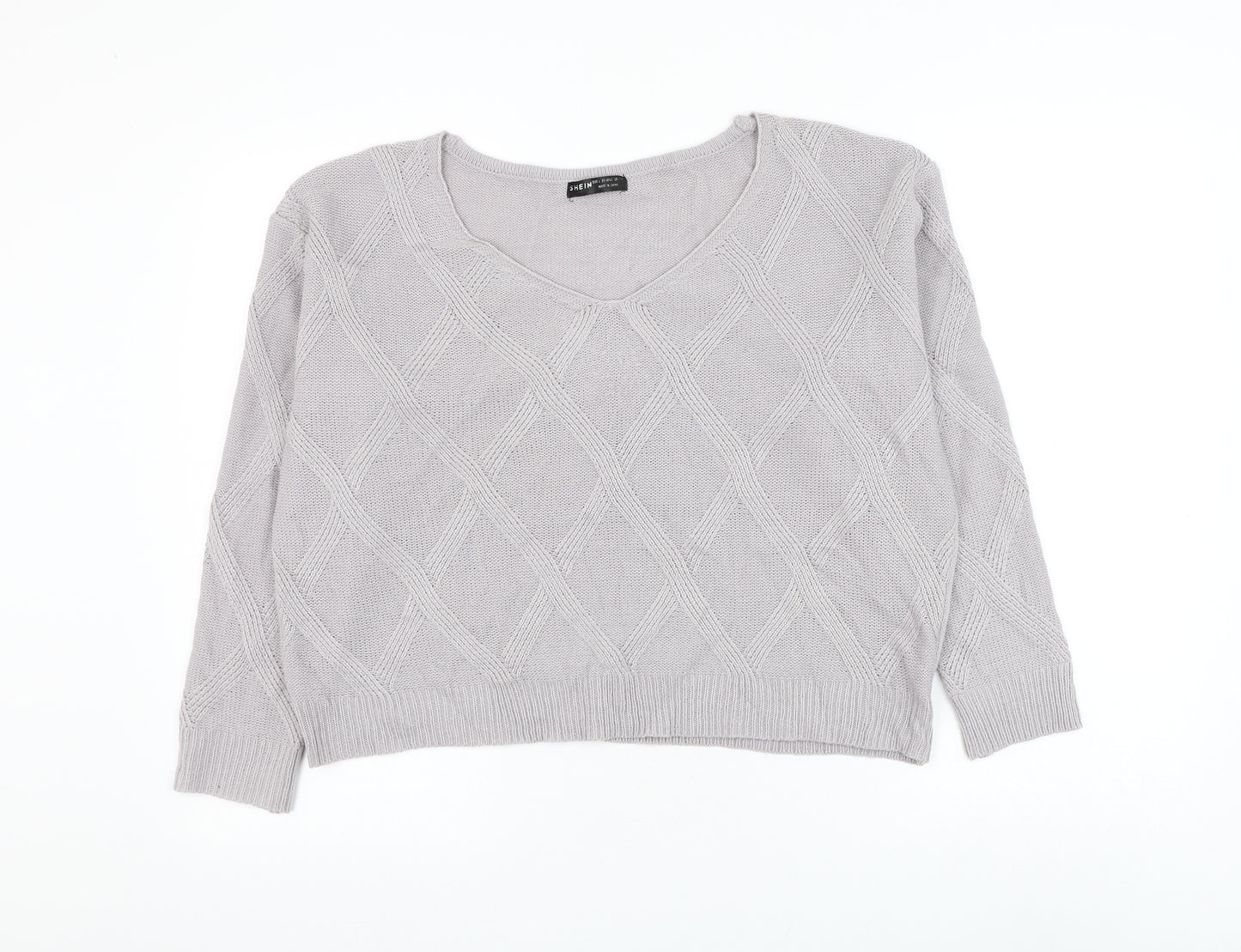 SheIn Womens Grey Scoop Neck Argyle/Diamond Acrylic Pullover Jumper Size L