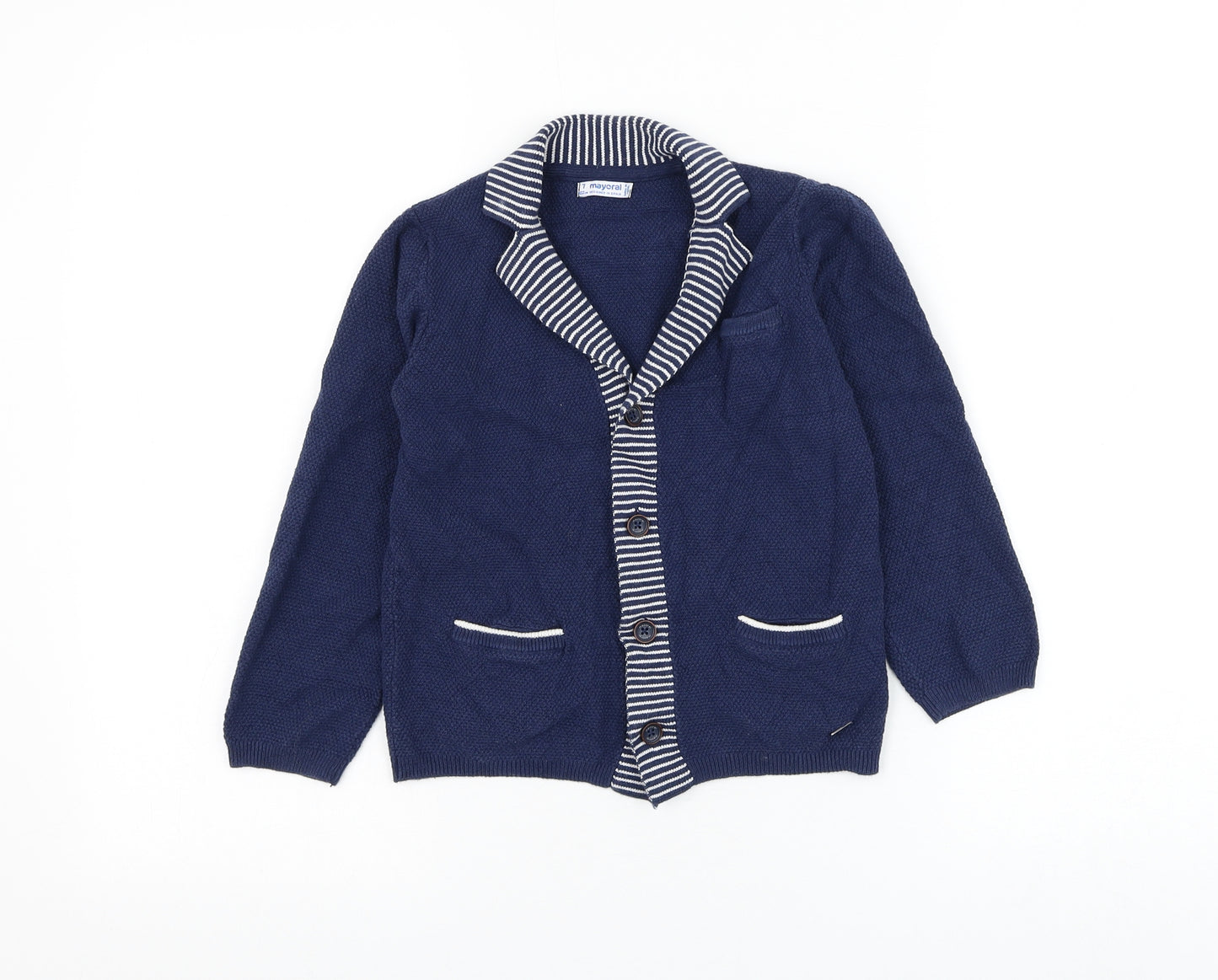 Mayoral Boys Blue Collared Cotton Cardigan Jumper Size 7 Years Button