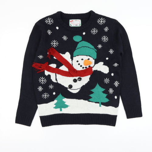 Preworn Mens Blue Round Neck Polyester Pullover Jumper Size XS - Christmas Snowman