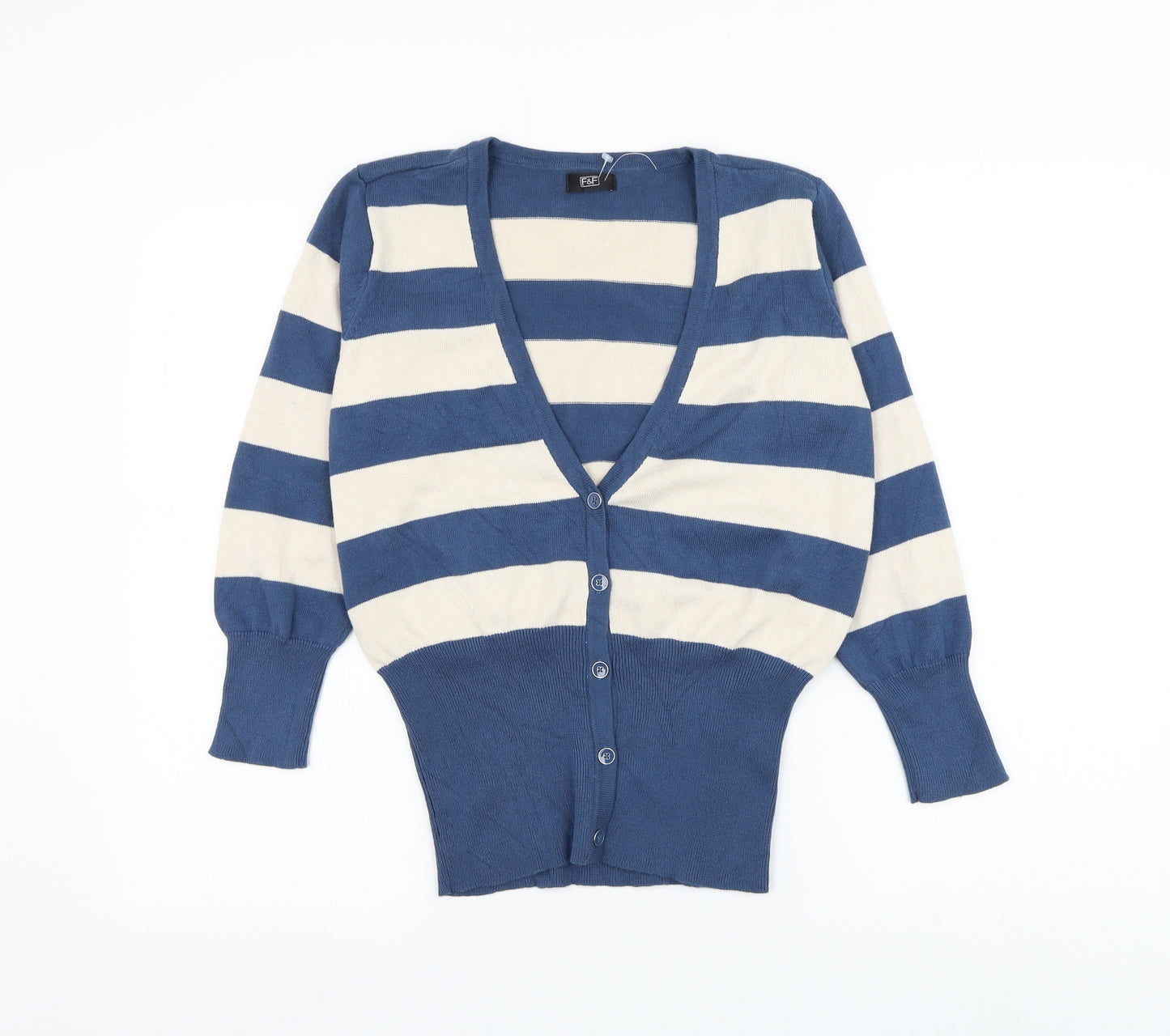 F&F Womens Blue V-Neck Striped Cotton Cardigan Jumper Size 16