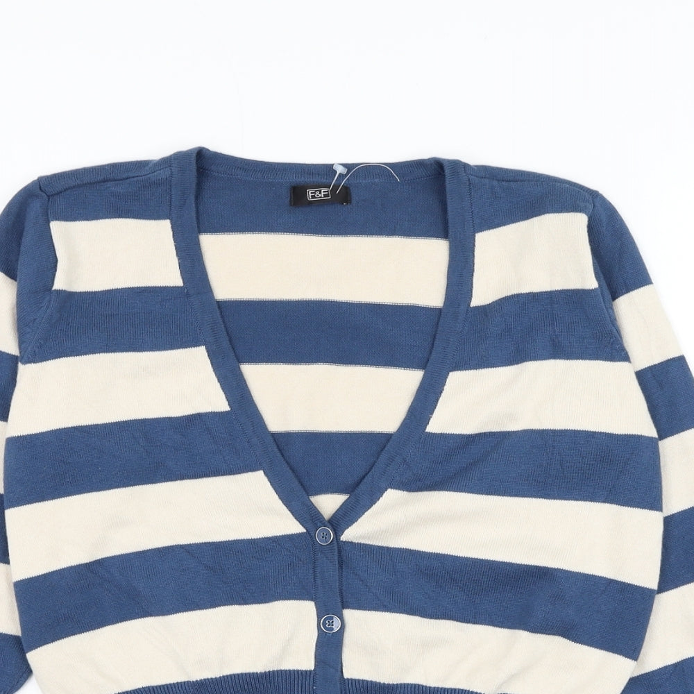 F&F Womens Blue V-Neck Striped Cotton Cardigan Jumper Size 16