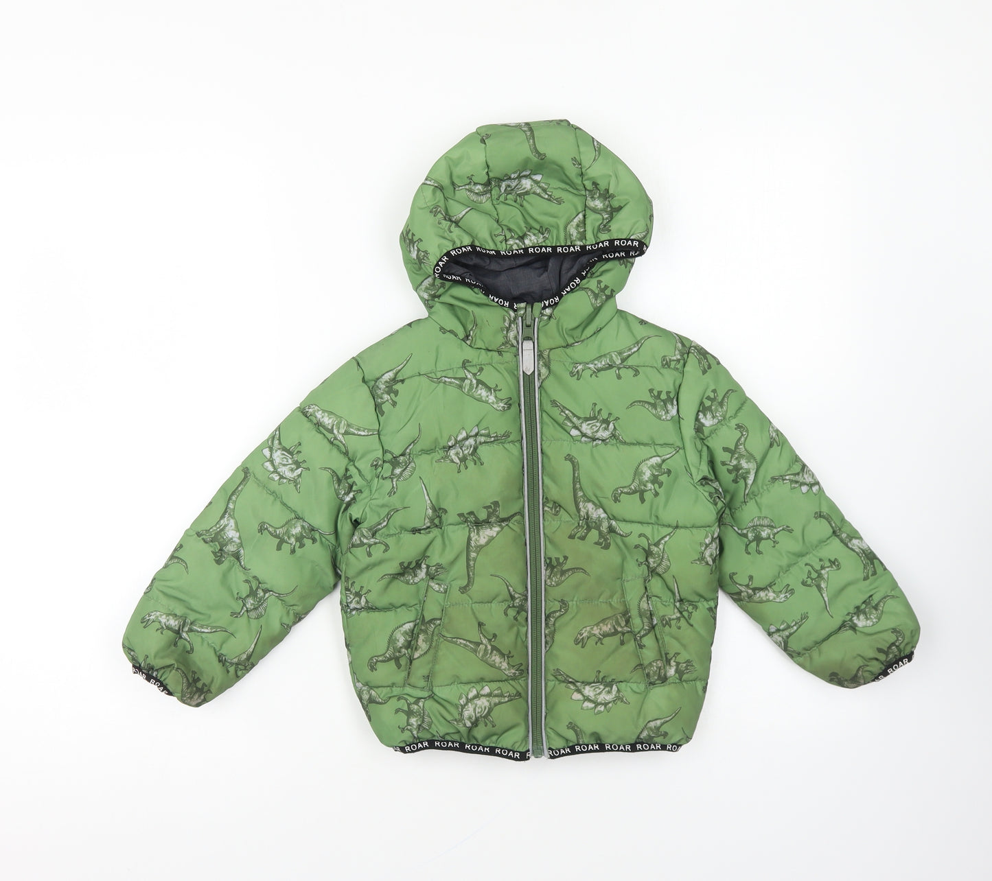 Nutmeg Boys Green Geometric Puffer Jacket Coat Size 2-3 Years Zip - Dinosaurs