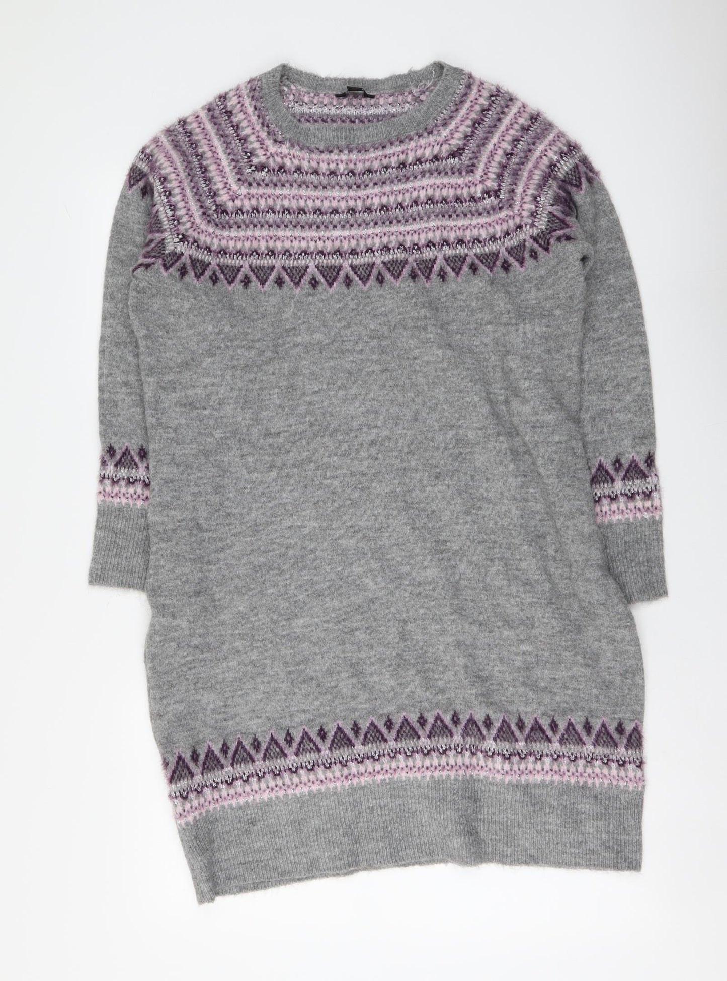 M&Co Womens Grey Fair Isle Acrylic Jumper Dress Size 16 Round Neck Pullover