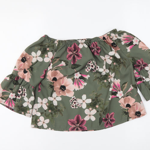 Miss E-vie Girls Green Floral Polyester Basic Blouse Size 11-12 Years Boat Neck Pullover