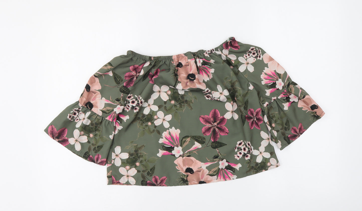 Miss E-vie Girls Green Floral Polyester Basic Blouse Size 11-12 Years Boat Neck Pullover