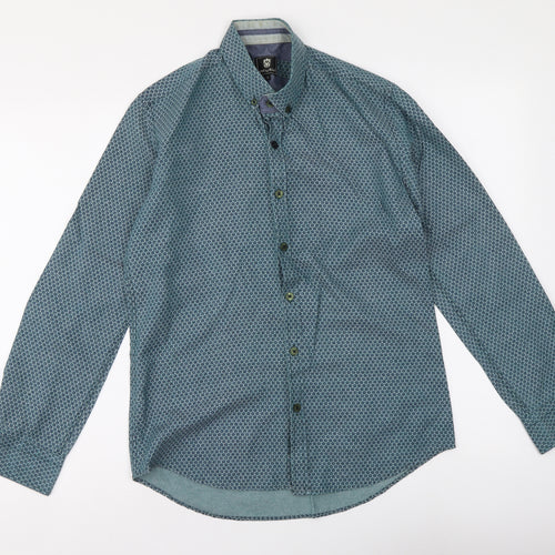 Stell & Jelly Mens Blue Geometric Cotton Button-Up Size S Collared Button
