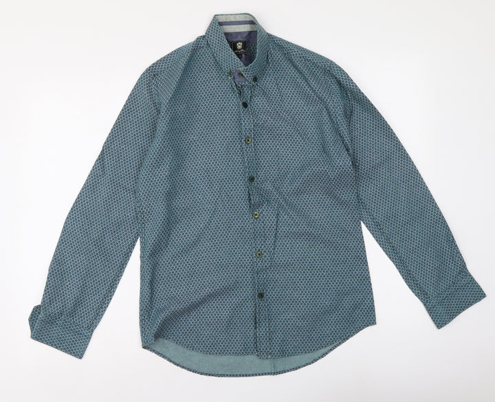 Stell & Jelly Mens Blue Geometric Cotton Button-Up Size S Collared Button