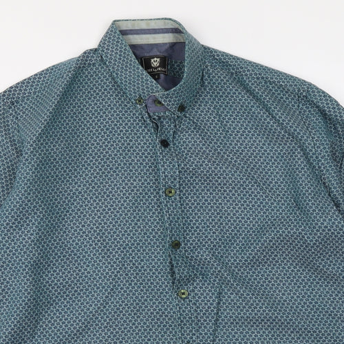 Stell & Jelly Mens Blue Geometric Cotton Button-Up Size S Collared Button